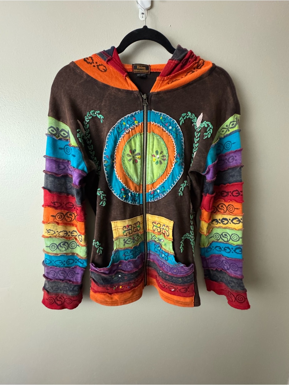 Rising International Boho Multi-Color Hooded Sweatshirt Large Hippie Festival